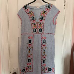 Boden Blue Striped Dress with Floral and Pineapple Embroidery